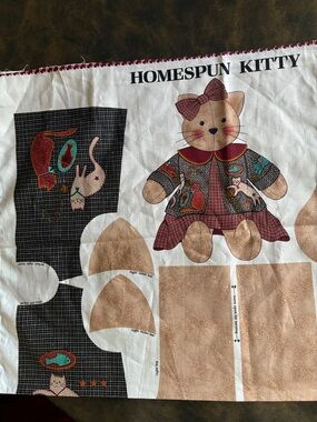 Vintage Homespun Kitty Fabric Panel - VIP Cranston Print Works for stuffed cat